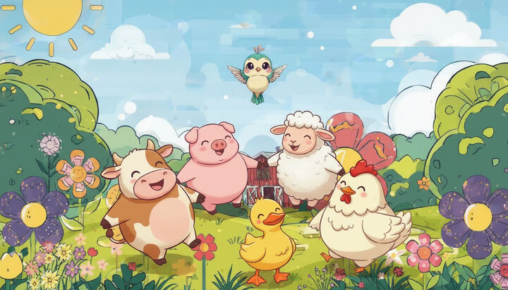 La vache, le cochon, le mouton, le canard et la poule dans le pré